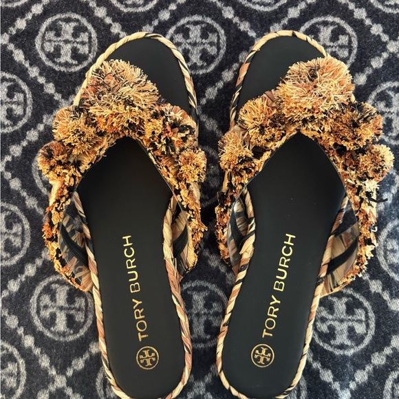 Tory Burch Black and Tan Pom-Pom Sandals